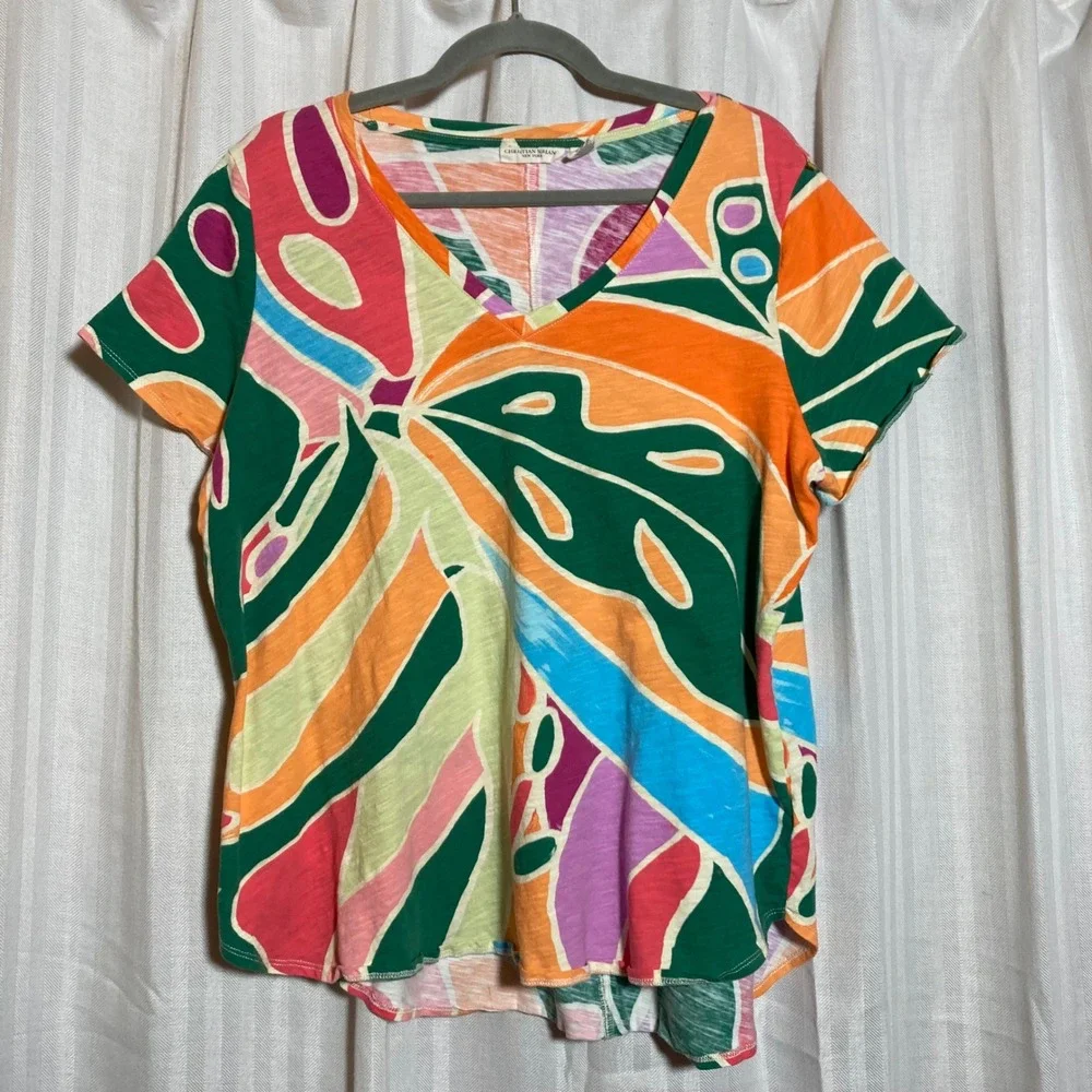 Christian Siriano New York Womens 1X Abstract Tropical Leaf Print V-Neck T-Shirt